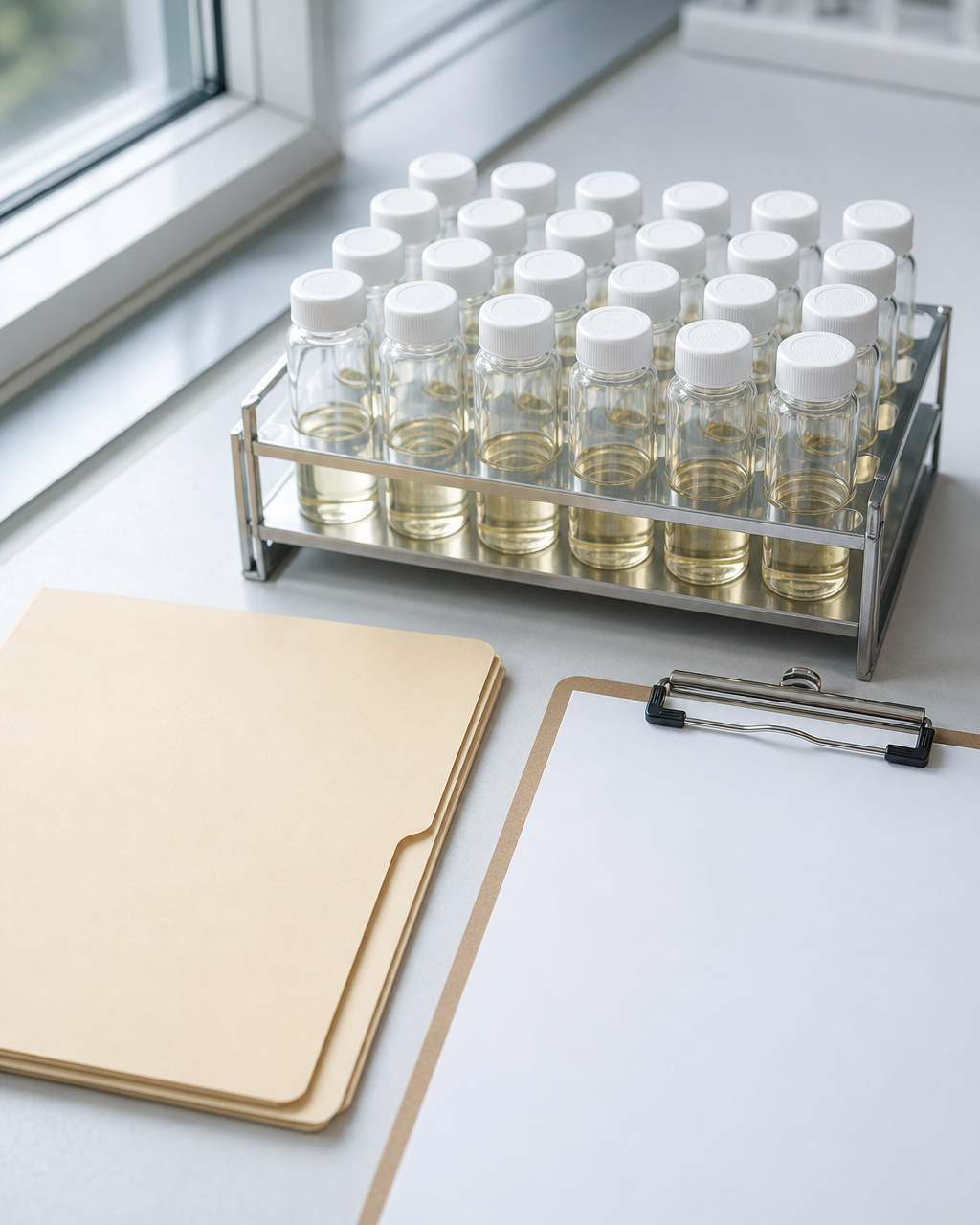 Sample vials on a research bench
