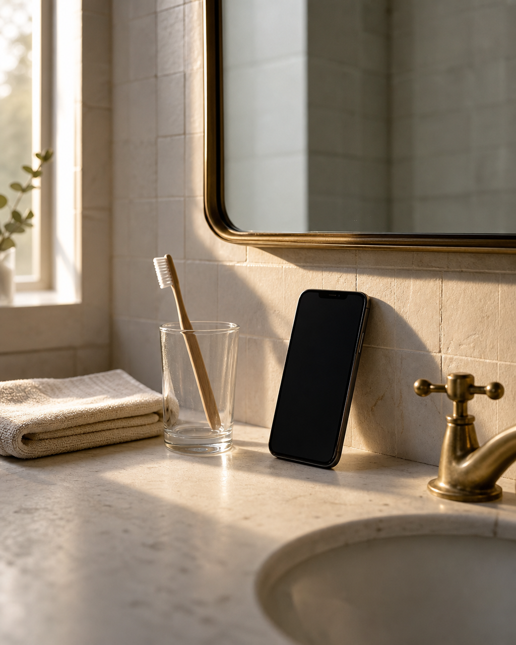 A phone propped on a bathroom counter in morning light