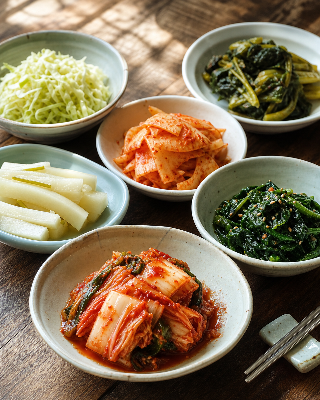 Korean table set with small vegetable side dishes