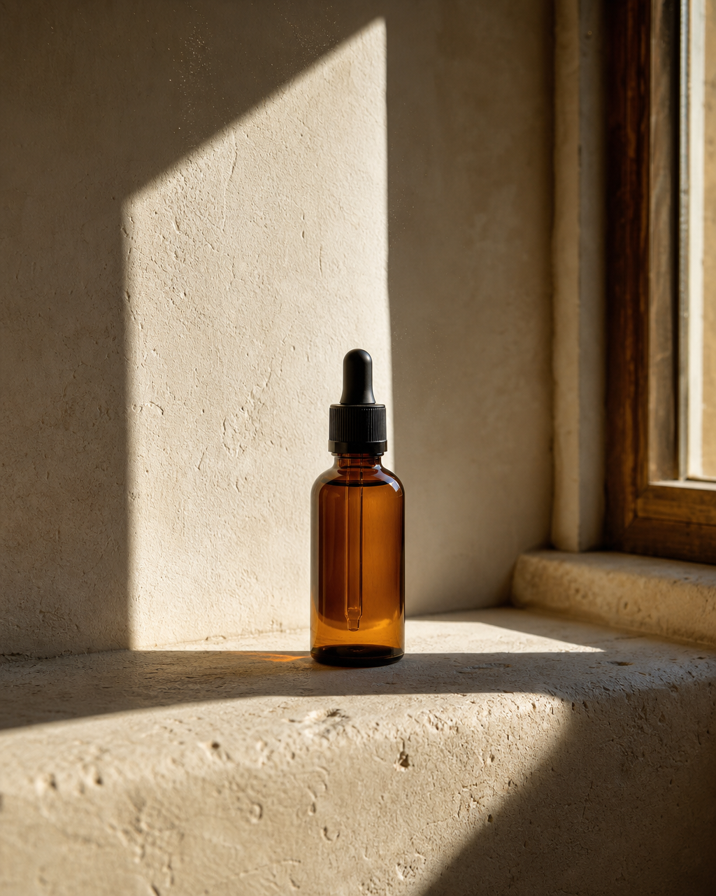 Hard sunlight falling across a windowsill