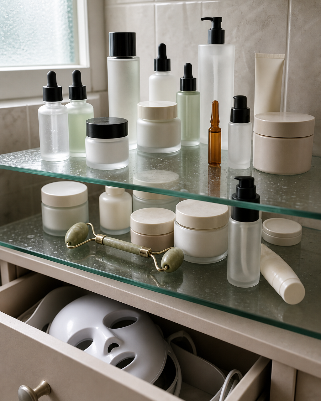 A crowded bathroom shelf of skincare bottles